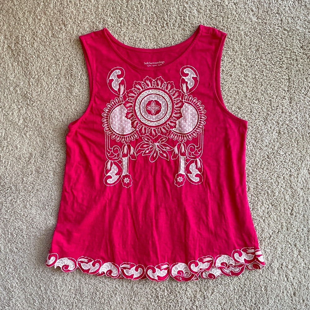 Soft Surroundings Pink Floral Lace Embroidered Boho Sleeveless Top Size Large